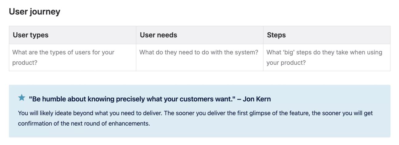 A screenshot of the 'User journey' section of the Agile Story Map Template, showing a tip from Jon Kern