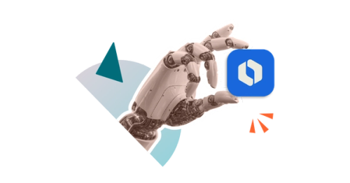 A robot hand holding the Atlassian Rovo logo between two of its fingers