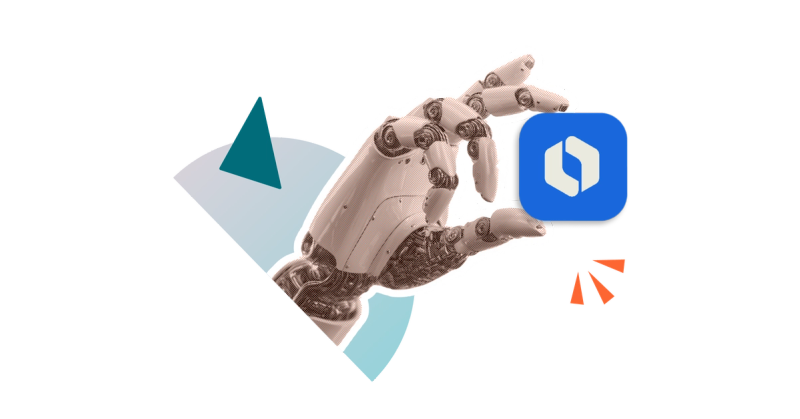 A robot hand holding the Atlassian Rovo logo between two of its fingers