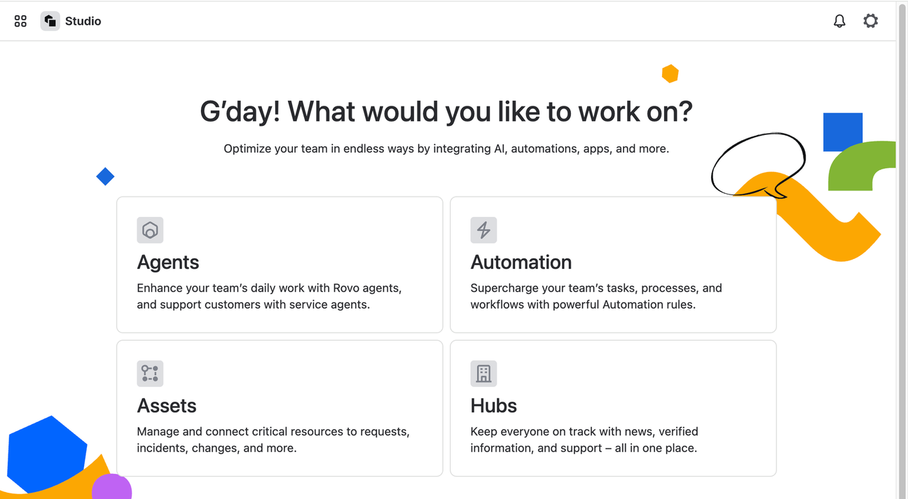 Screenshot of the Rovo Studio with cards for creating agents, automations, assets, and hubs