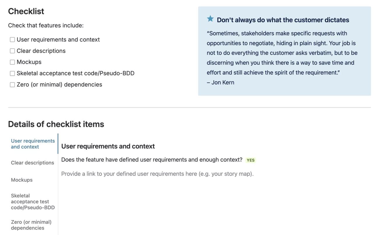 A screenshot of the 'Checklist' and 'Details of checklist items' sections of the Agile DoR Template, showing a tip from Jon Kern