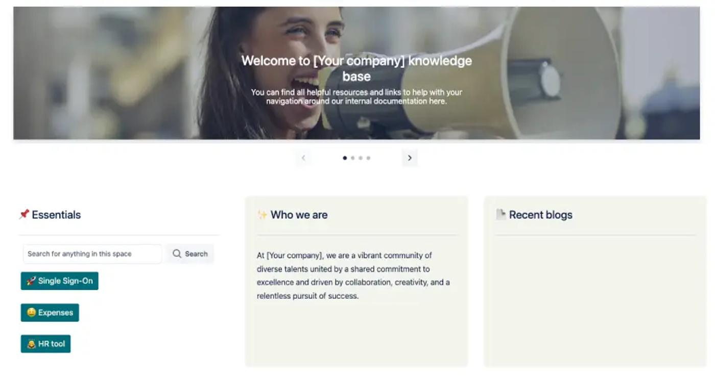 A Confluence company hub template with sections for links and blog posts