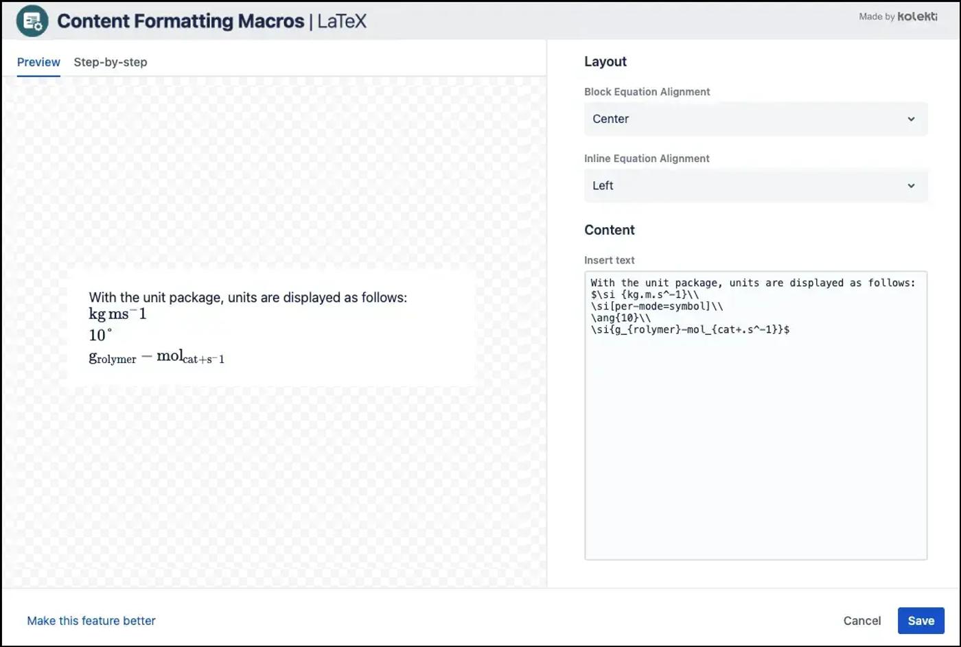 The LaTeX for Confluence editor with various units of measurement in the text box