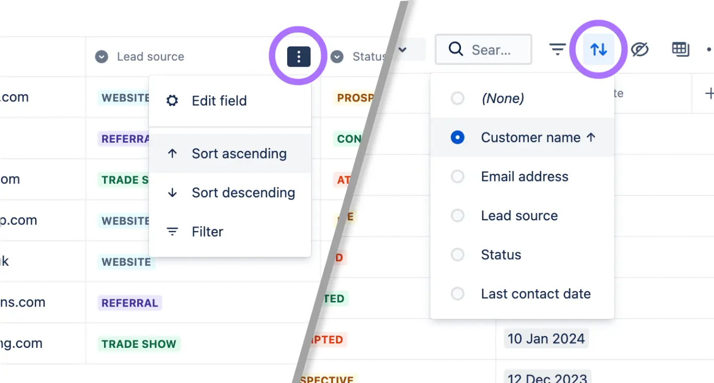 The two ‘Sort’ buttons in a Confluence database