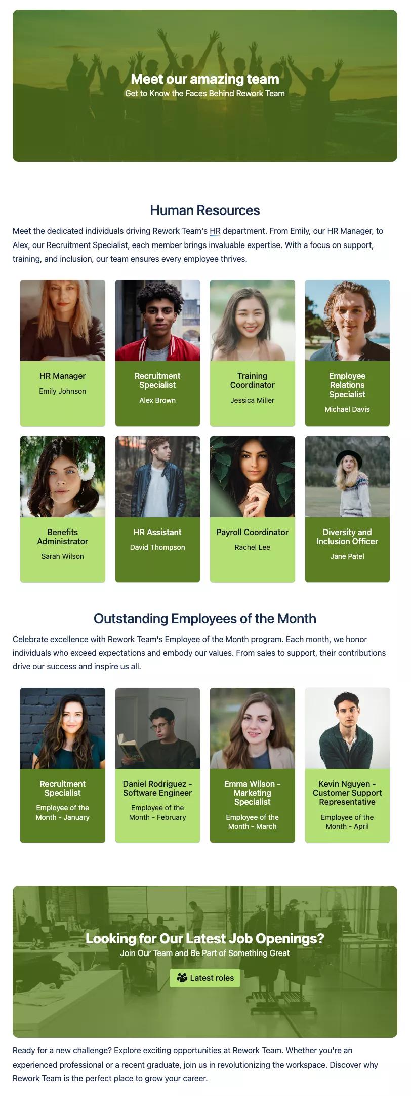 A screenshot of the full User Profiles template, showing profile pictures and short bios presented in eye-catching cards