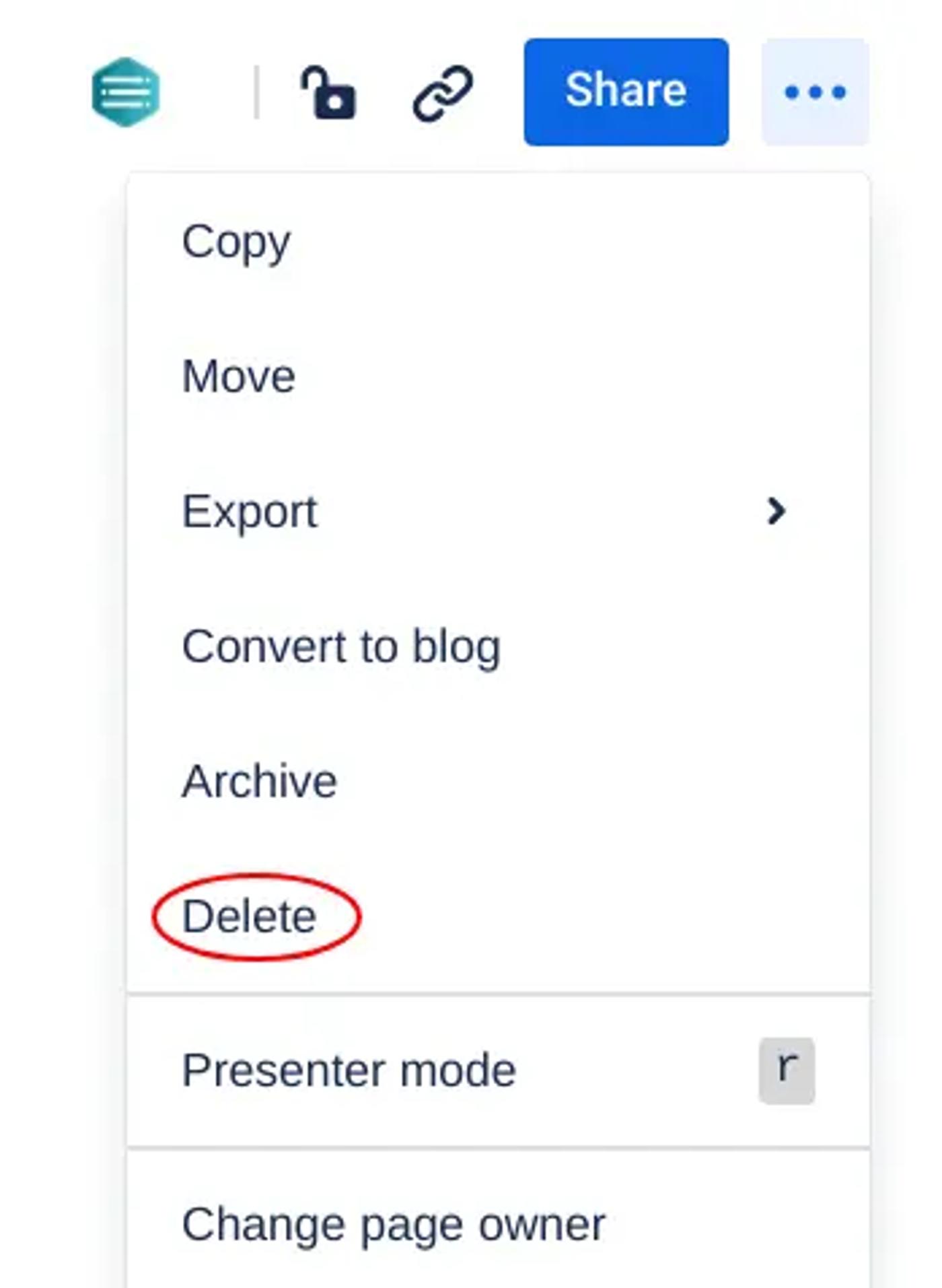 A screenshot of the dropdown menu in Confluence with an arrow pointing to the Delete option