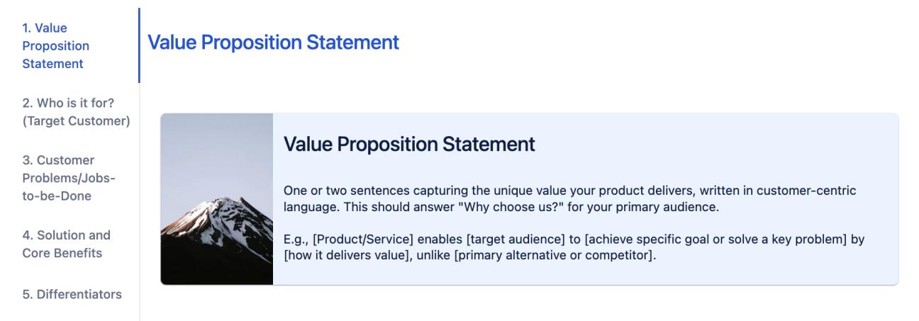 The 'Value Proposition Statement' tab of the framework, showing brief instructions and example text for a value proposition statement, displayed in an eye-catching card with an image of a mountain.