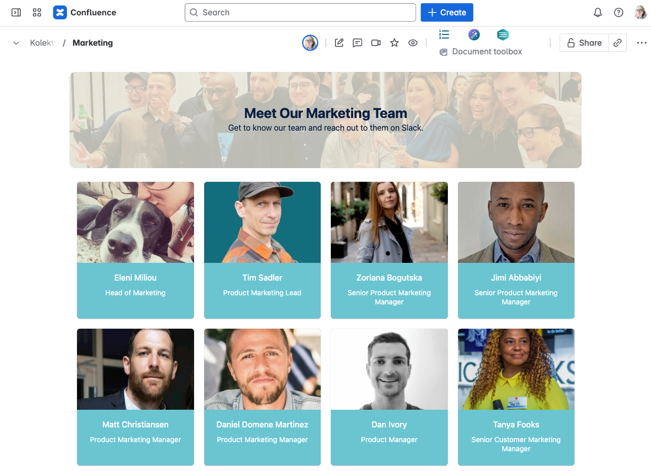A Confluence page introducing a marketing team, which features staff portraits with names and job titles, and a banner encouraging Slack contact.