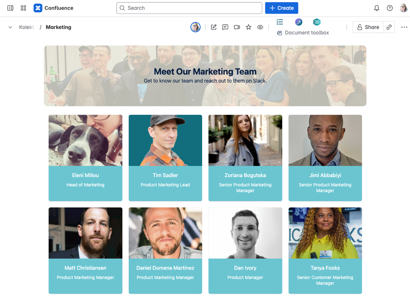 A Confluence page introducing a marketing team, which features staff portraits with names and job titles, and a banner encouraging Slack contact.