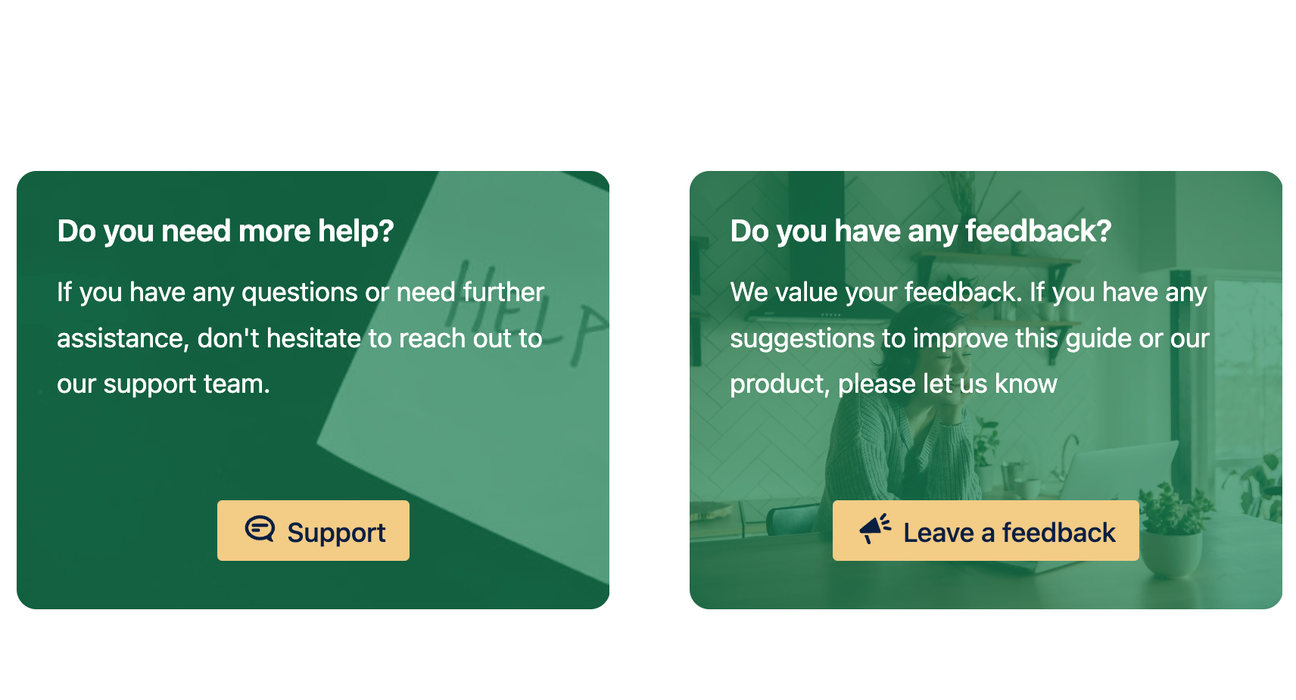 Two visual cards on a Confluence page with links to support and feedback