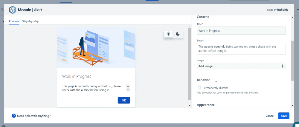 A GIF of a user adding a stock image to their alert in Confluence