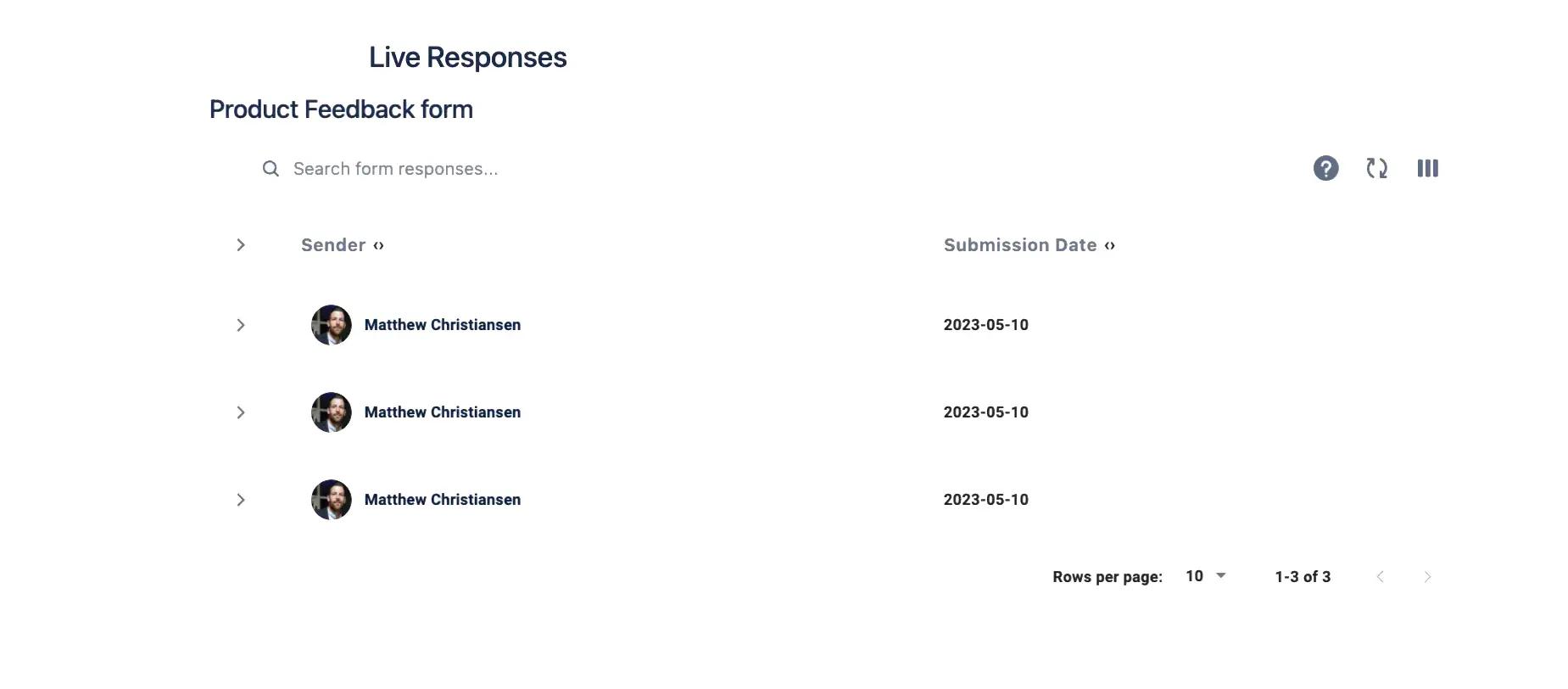 A table of form responses with information about the user and submission date