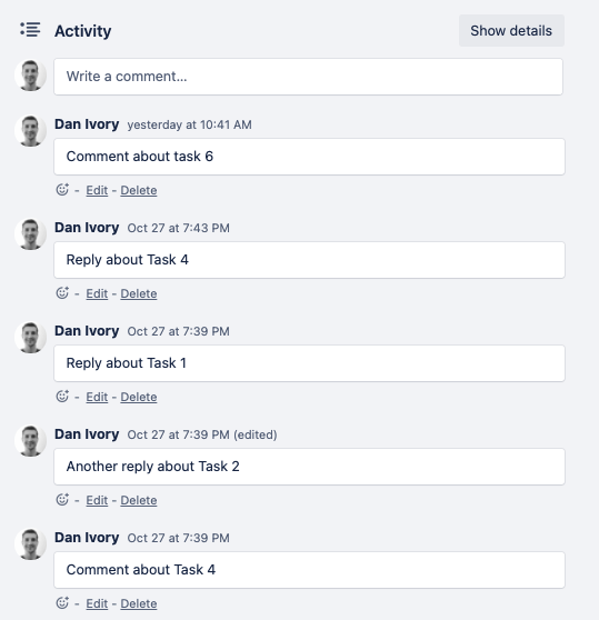 A screenshot of a Trello card with individual comments for every item on a checklist