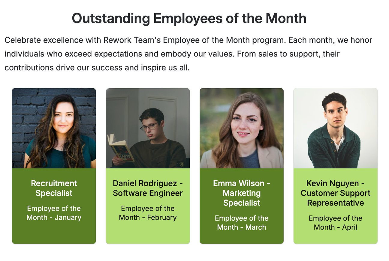 A selection of profiles under the heading "Outstanding Employees of the Month" from the User Profiles Template