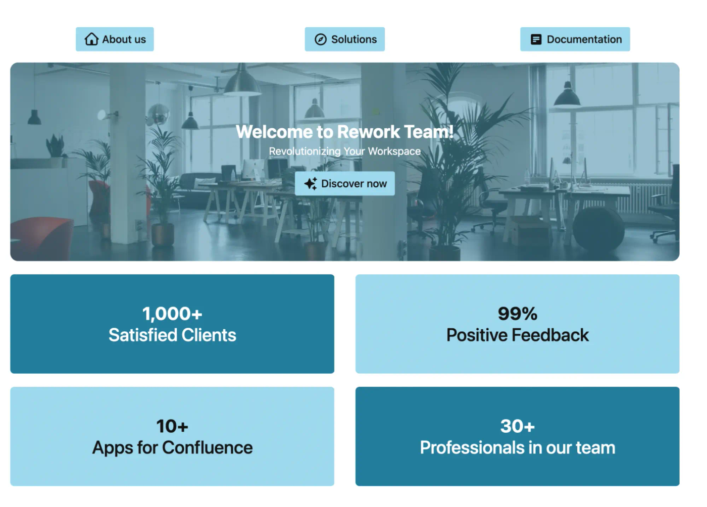 A welcome message and product installation statistics on a Confluence product homepage