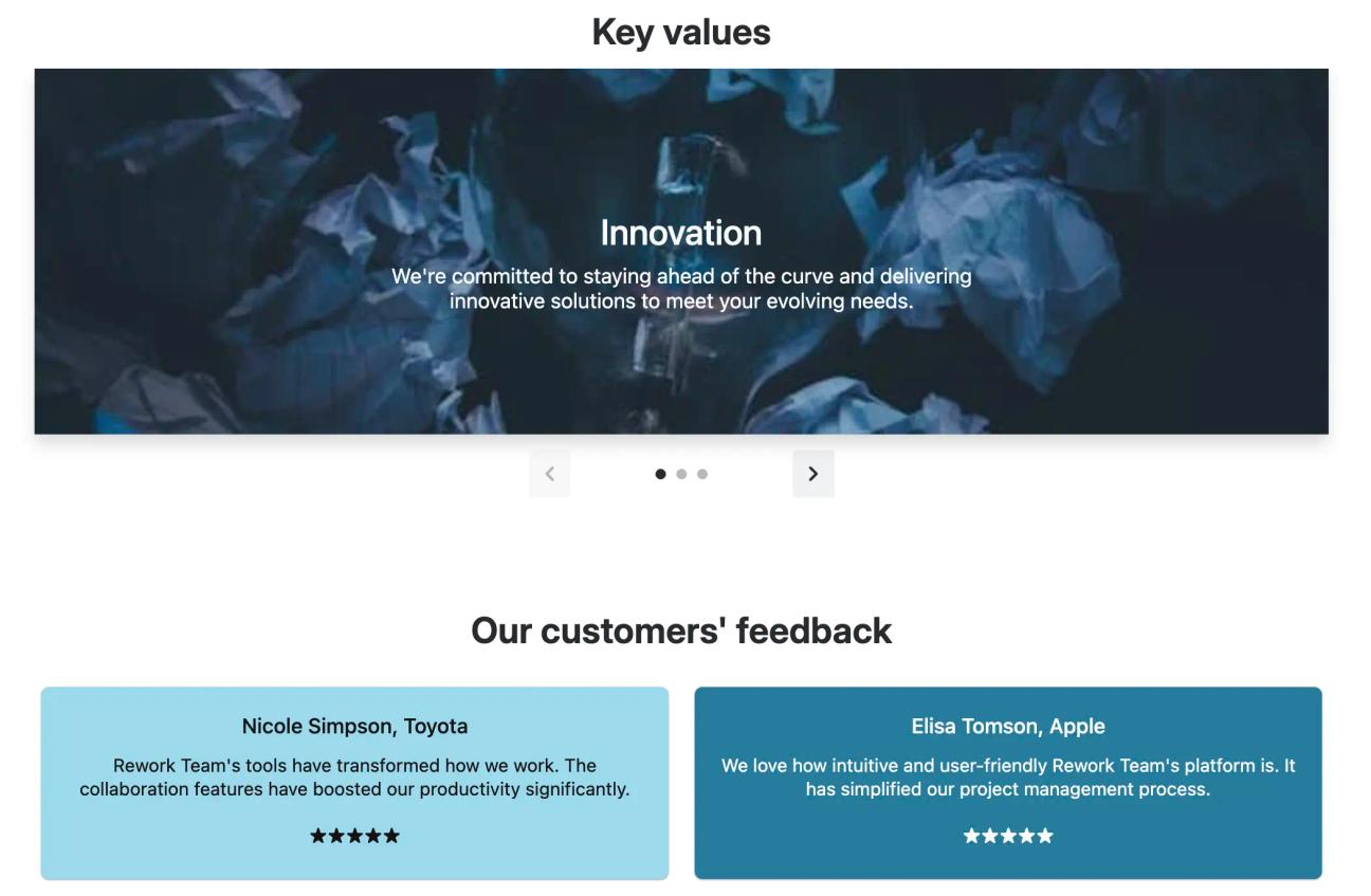 A screenshot of the middle section of the product/service homepage template for Confluence
