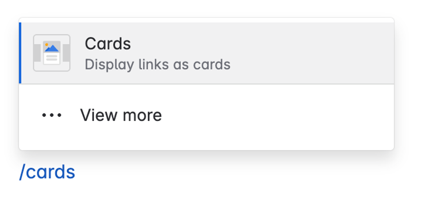 The /cards shortcut is typed on a Confluence page, with a dropdown menu showing the Cards macro