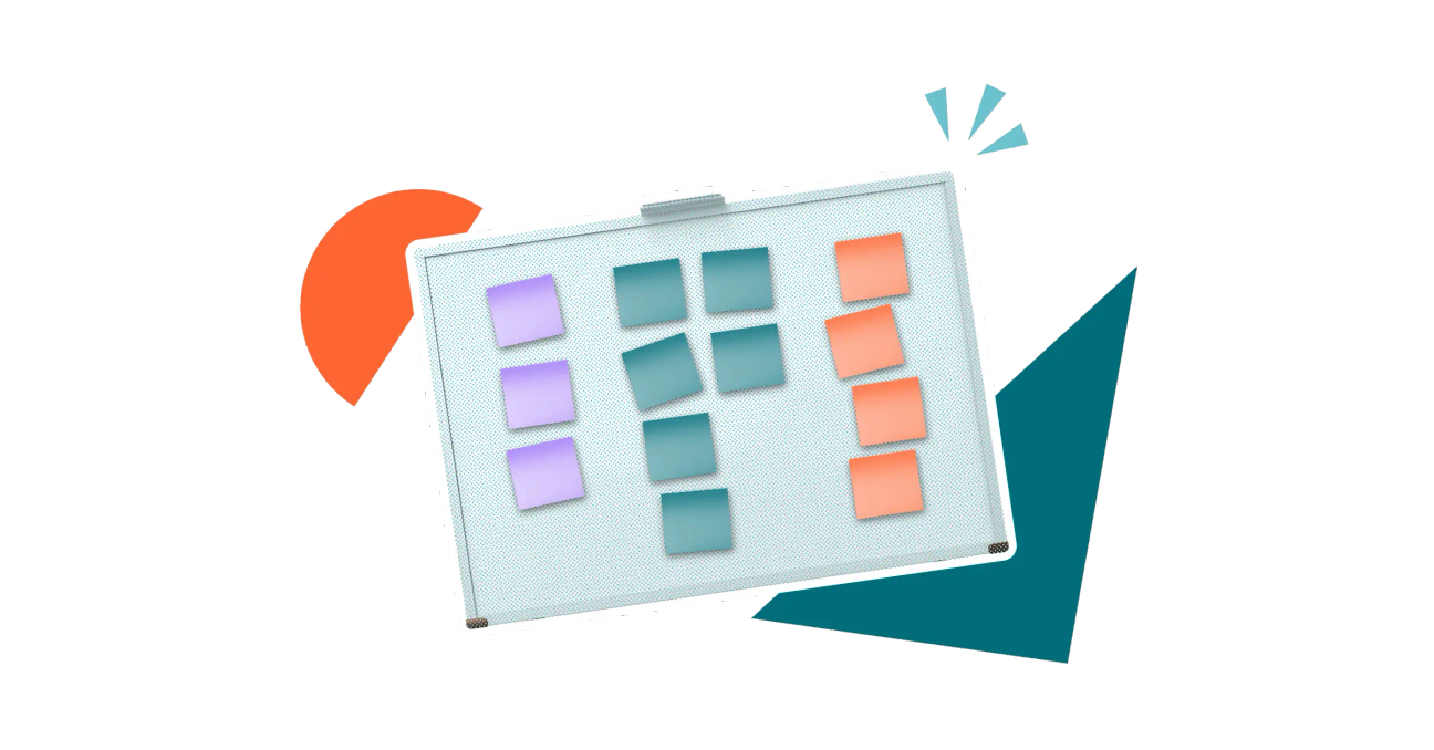 A colourful, stylised image of a whiteboard with sticky notes on it in colour co-ordinated columns