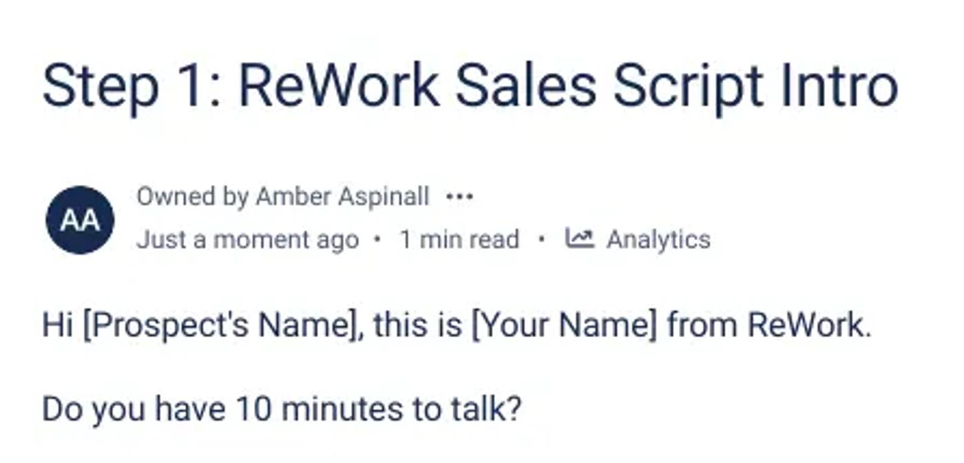 A sales script introduction on a Confluence page