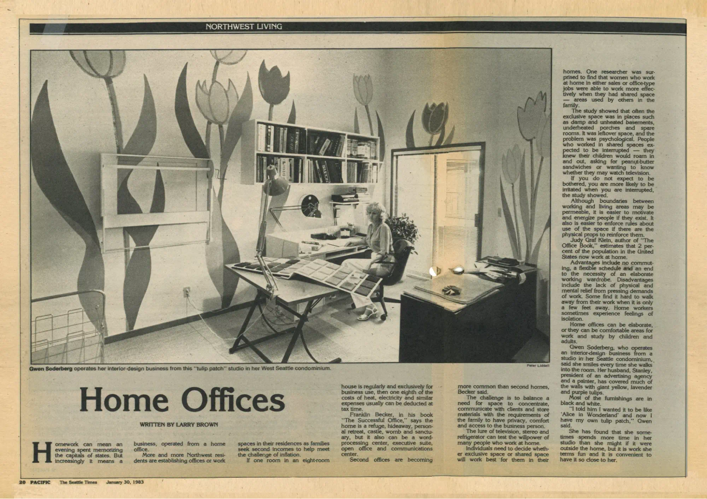 A newspaper article showing a picture of a home office setup in 1983