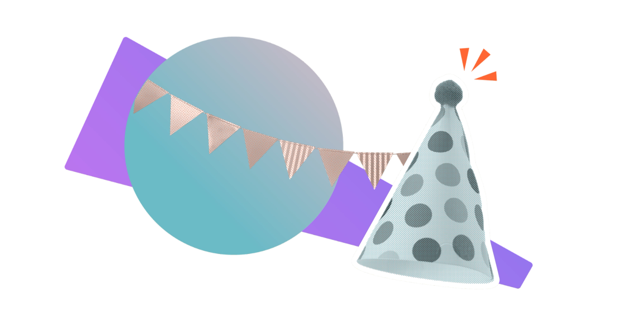A collage-style image of a party hat and some bunting