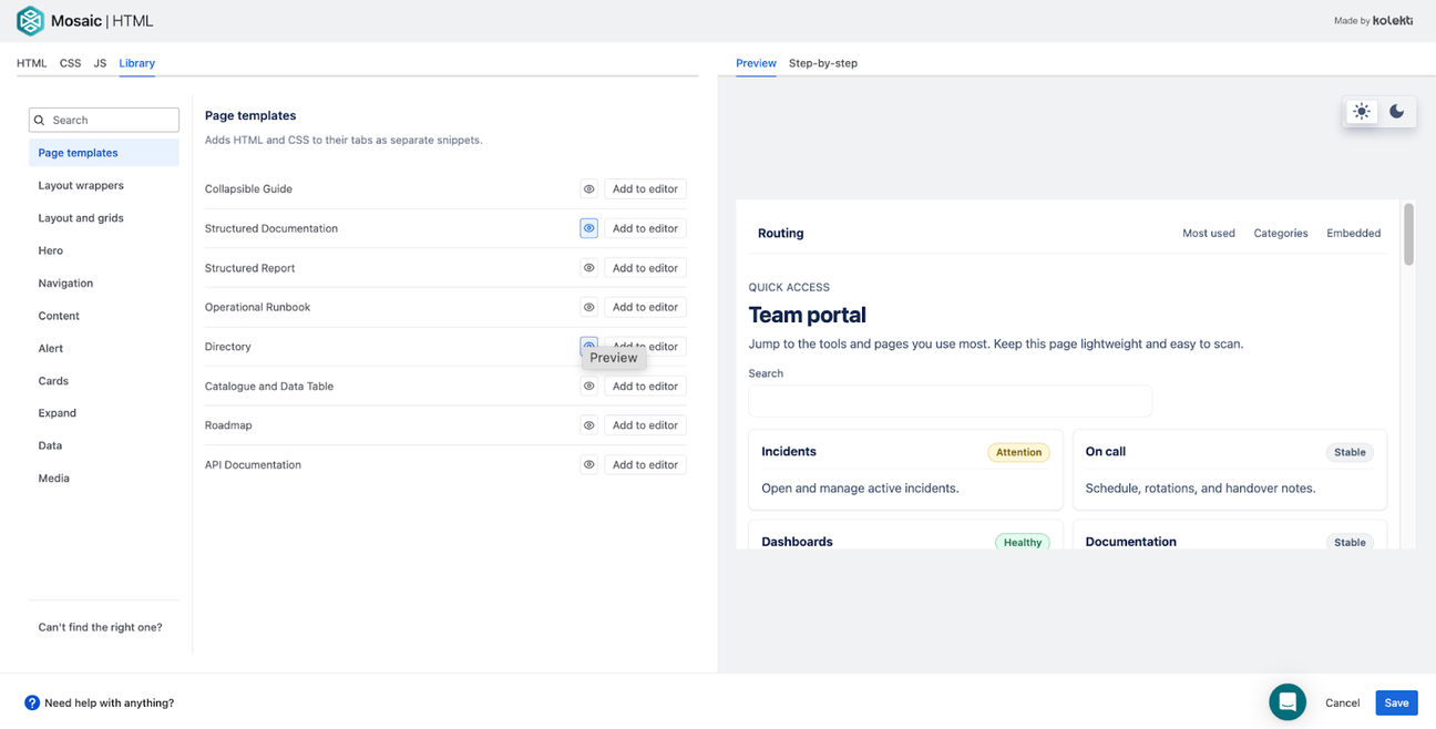 Screenshot of Mosaic's HTML macro library. On the left there are a list of page templates to choose from and on the right there is a preview of a team portal.