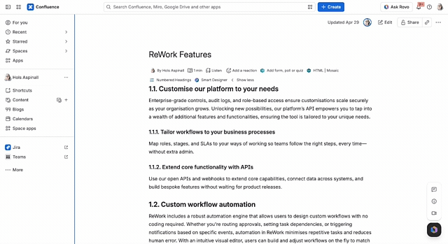 Animated GIF showing a user clicking through to the Forms for Confluence homepage and viewing individual respondents' answers