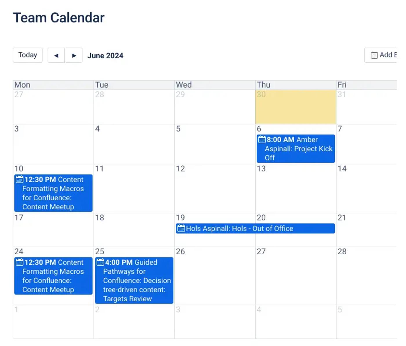 A Team Calendar published on a Confluence page