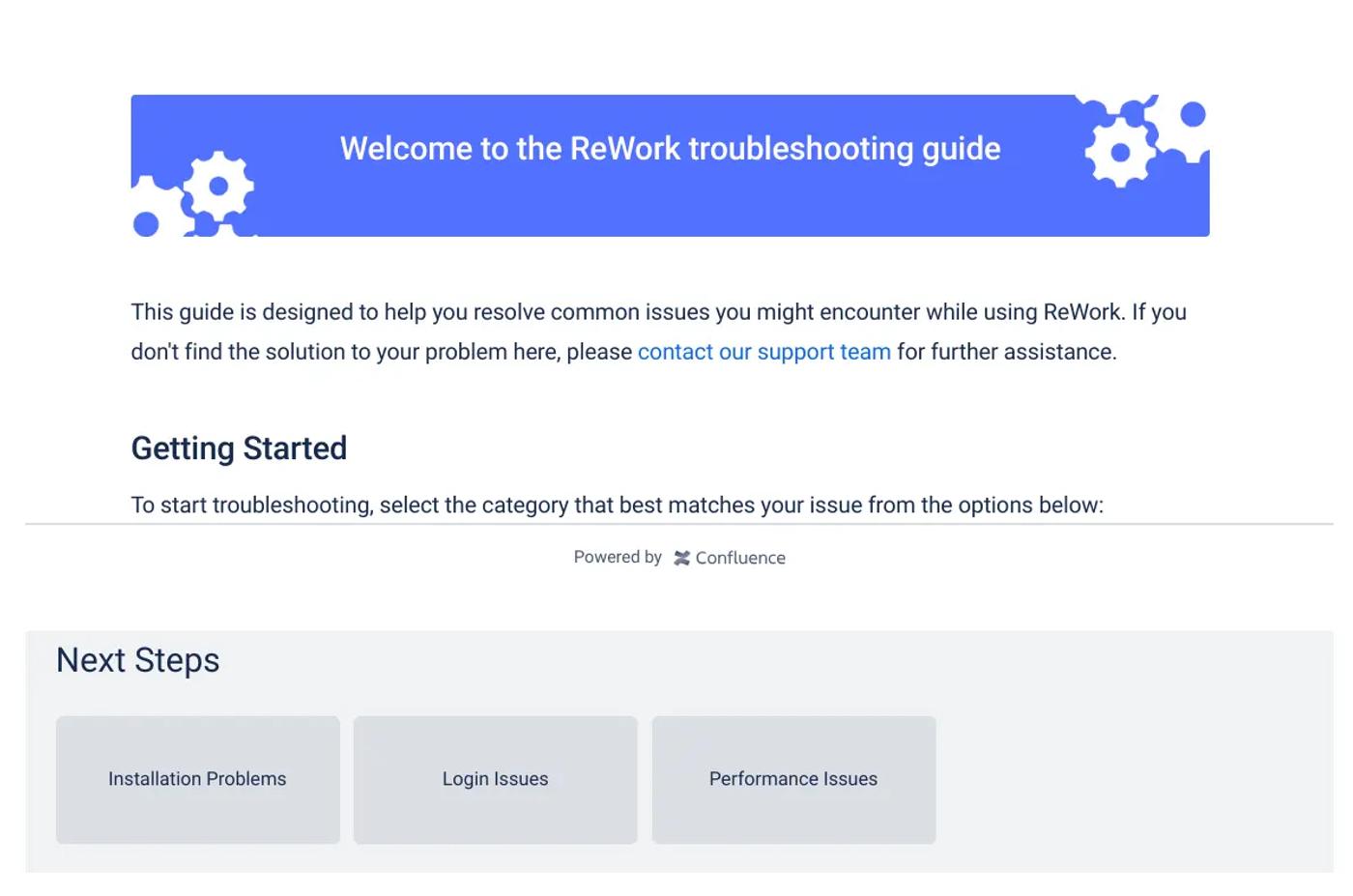 A troubleshooting guide in Confluence with multiple next steps