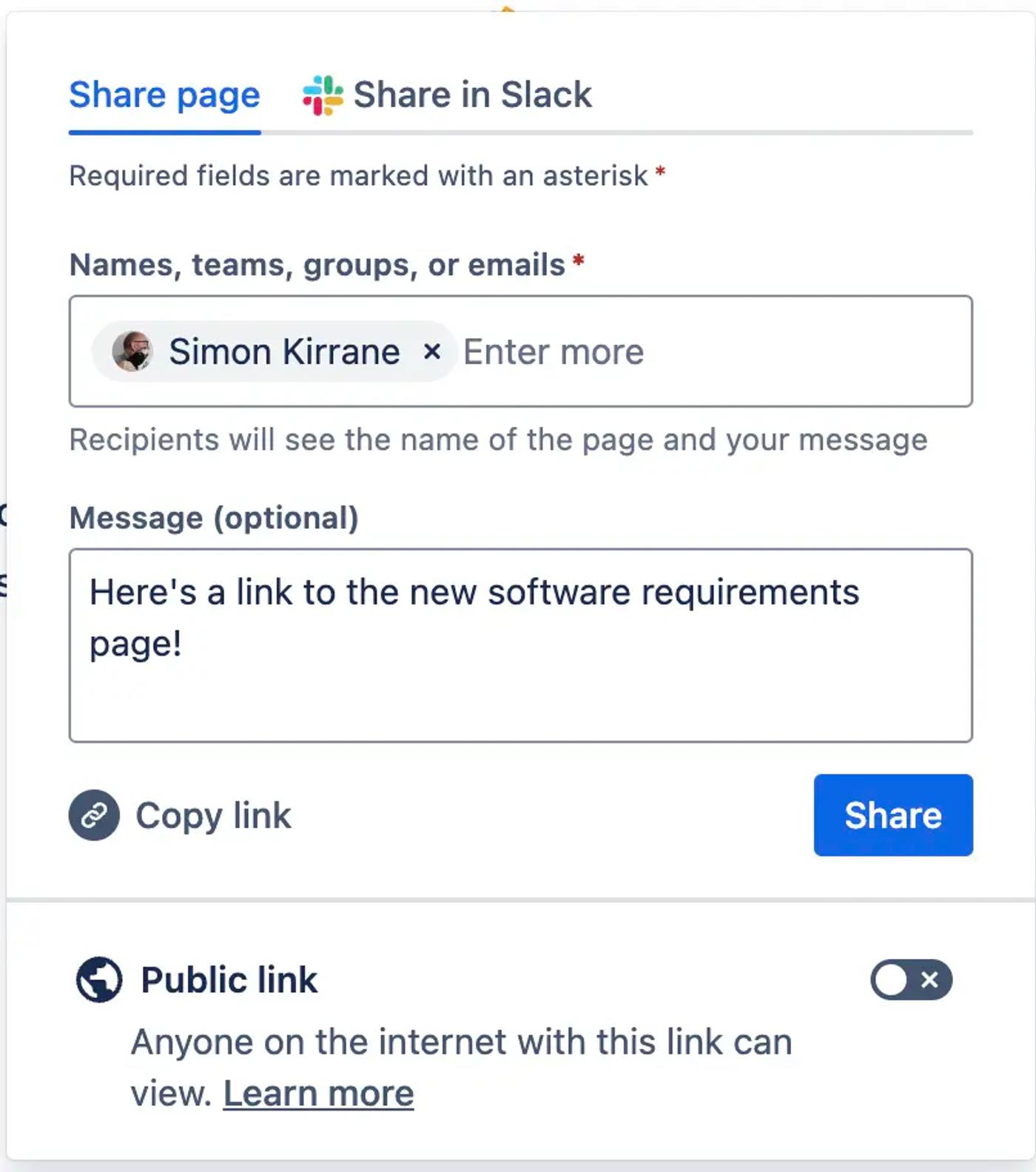 The Confluence Share page dialog with a Confluence user and message included