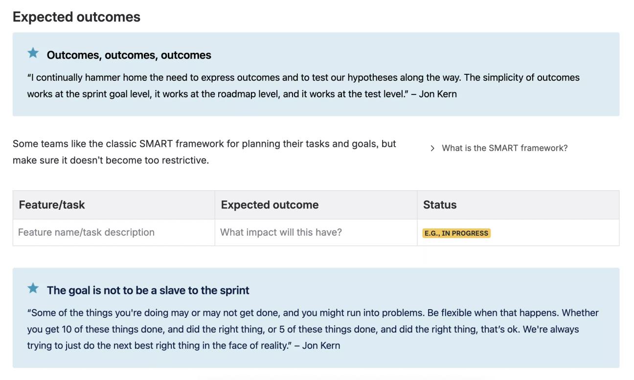 A screenshot of the 'Expected outcomes' section of the Agile Sprint Goal Template, showing two tips from Jon Kern