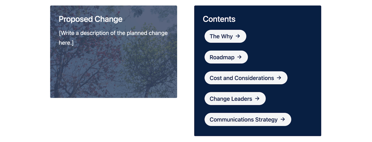 Two columns with dark navy backgrounds, with a list of five white buttons in the right-hand column