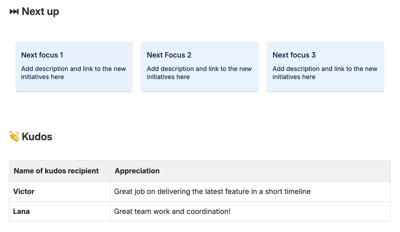 The "Next up" and "Kudos" sections of the Monthly Project Report Template for Confluence