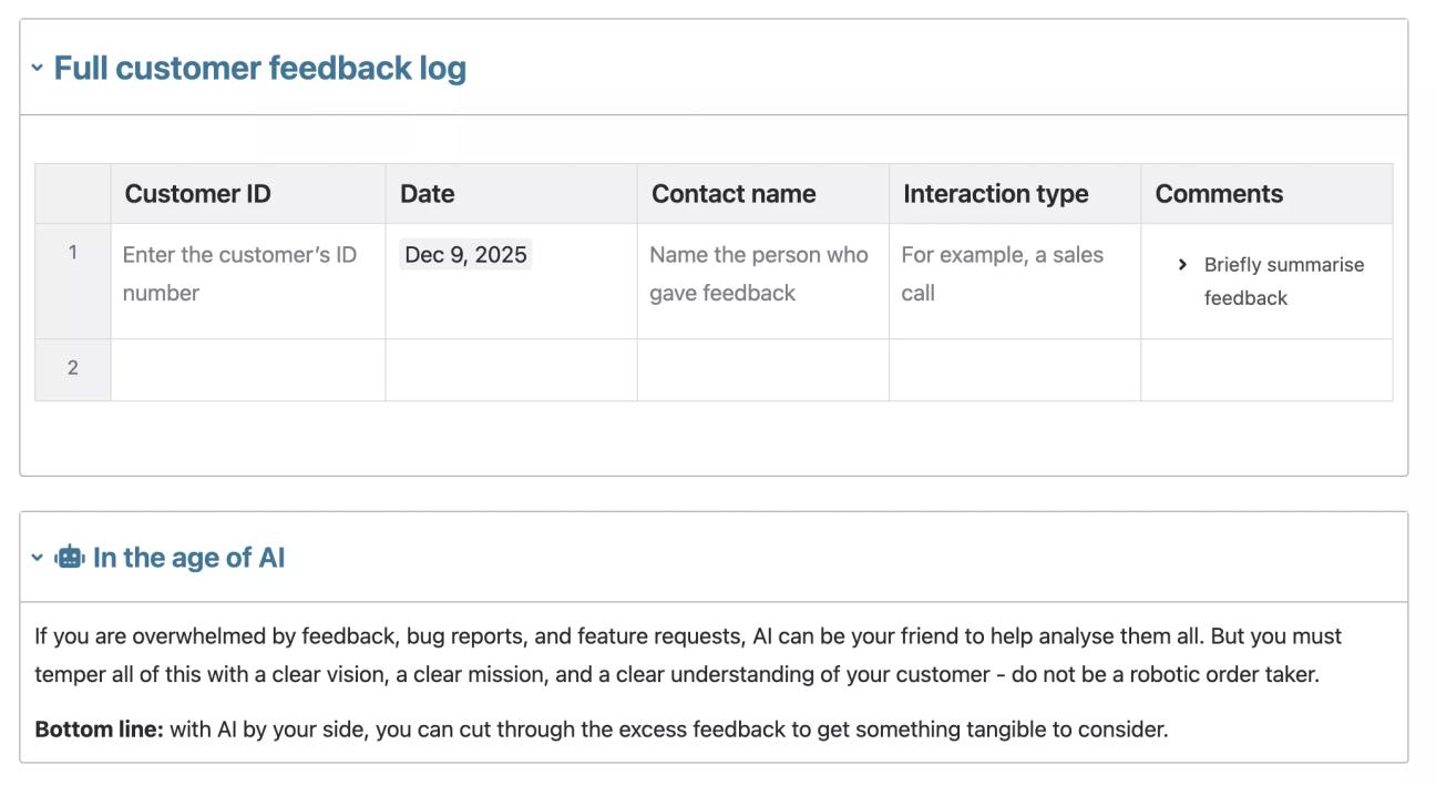 A screenshot of the 'Full customer feedback log' section of the Agile Customer Feedback Log Template, including a tip