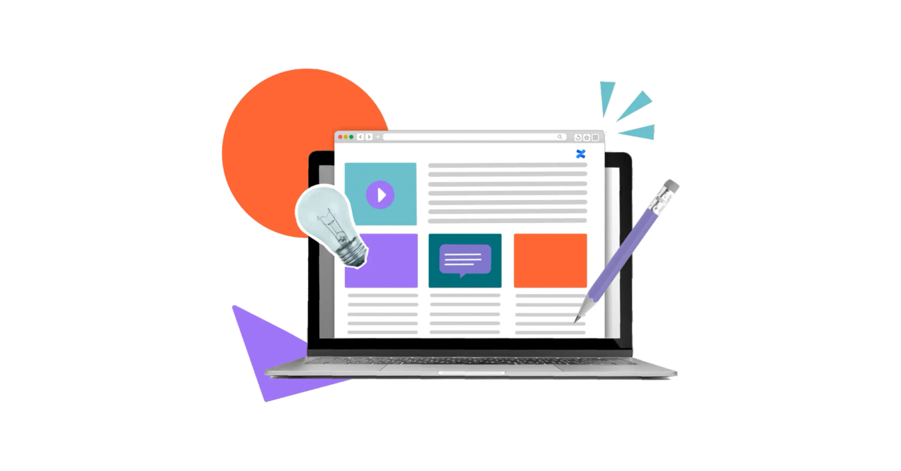 A collage-style image of a colourful Confluence page on a laptop screen with a lightbulb and a pen