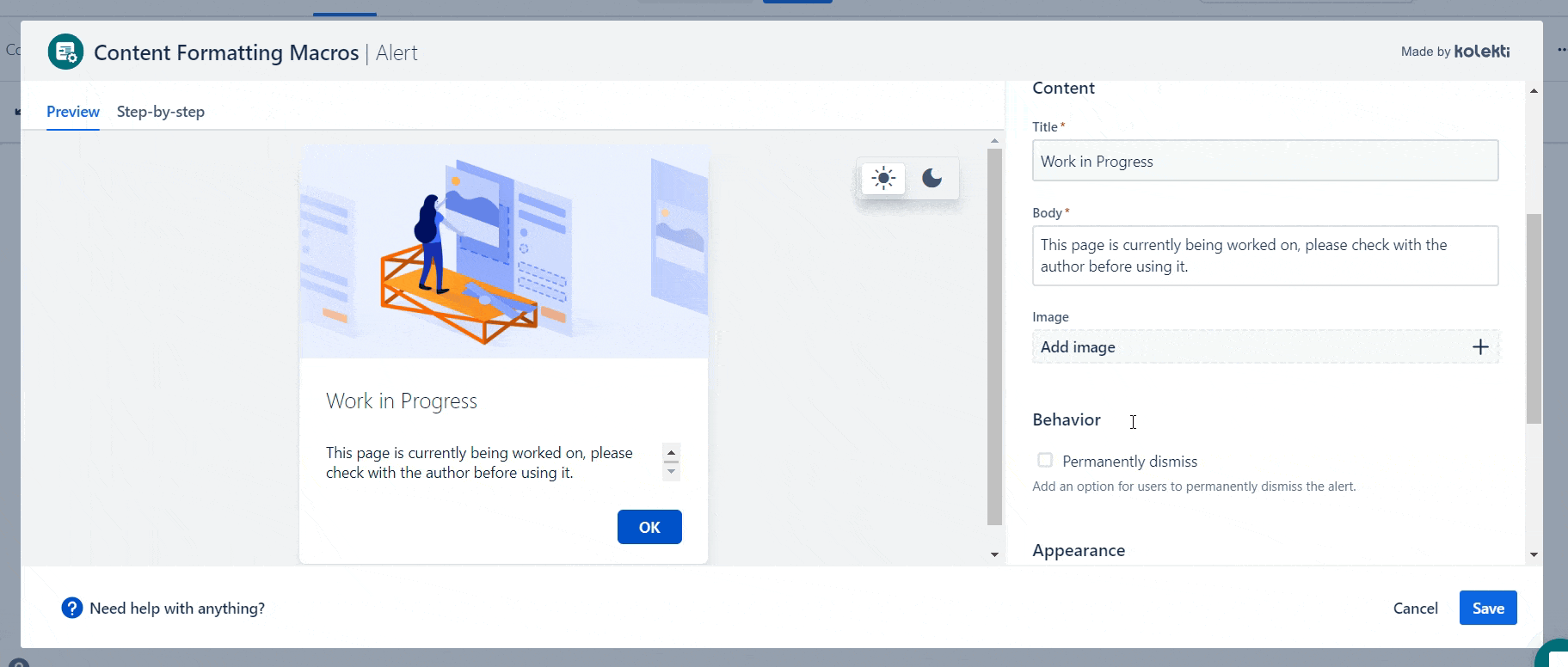 A GIF of a user searching for an image in the inbuilt stock image library in Confluence.