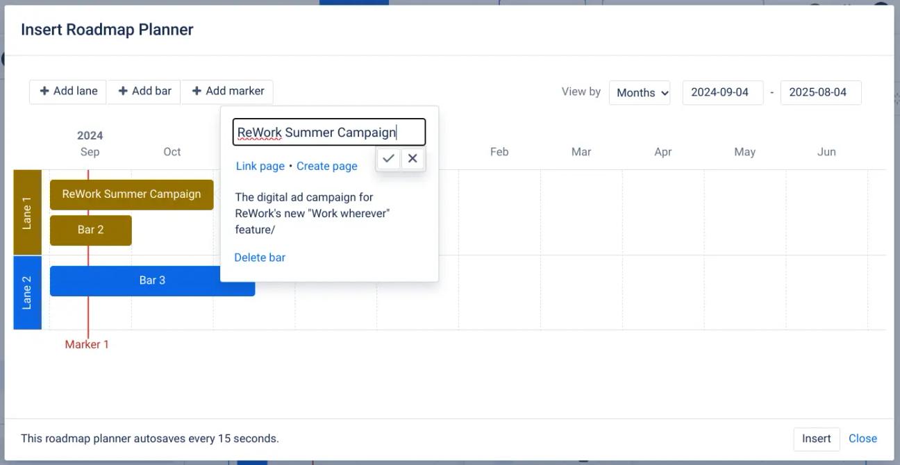 A Confluence Roadmap Planner window with customisation options open