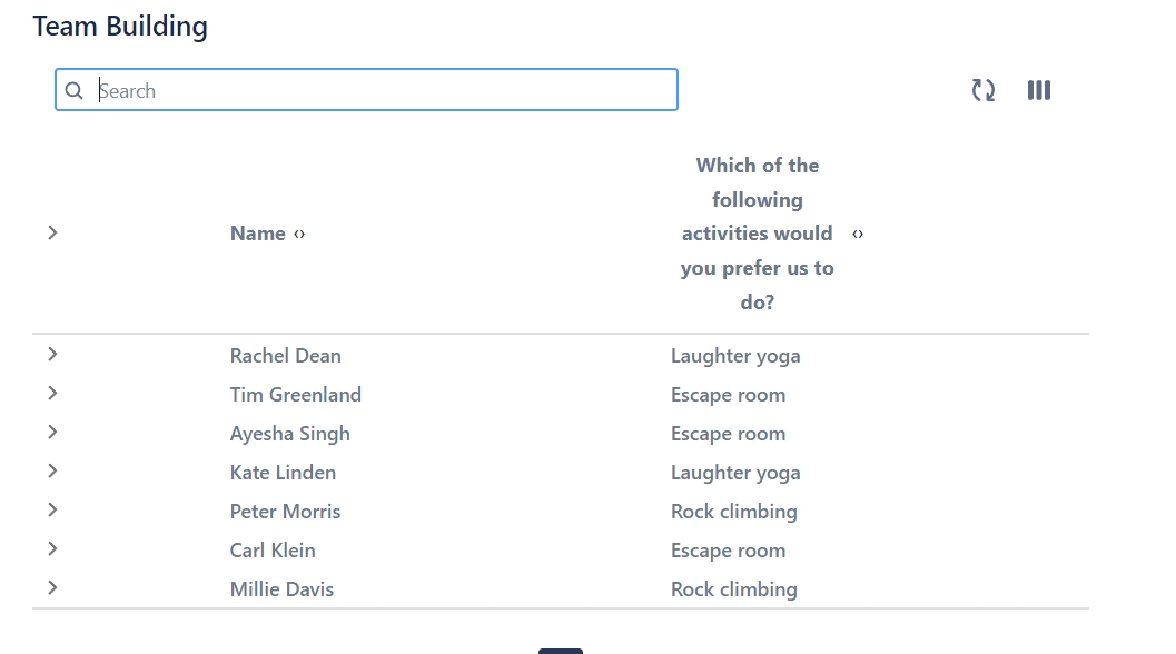 A user types in the search bar above a responses table in Confluence. The responses that contain the searched word appear