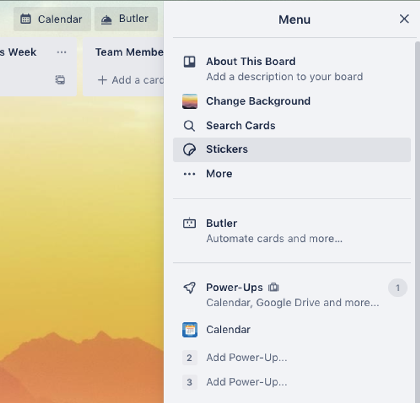 The Stickers option highlighted on the Trello dropdown menu
