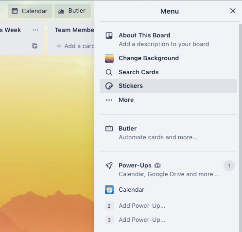 The Stickers option highlighted on the Trello dropdown menu