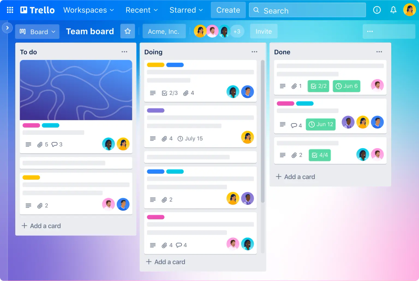 A colourful Trello board with three different columns to indicate project progress