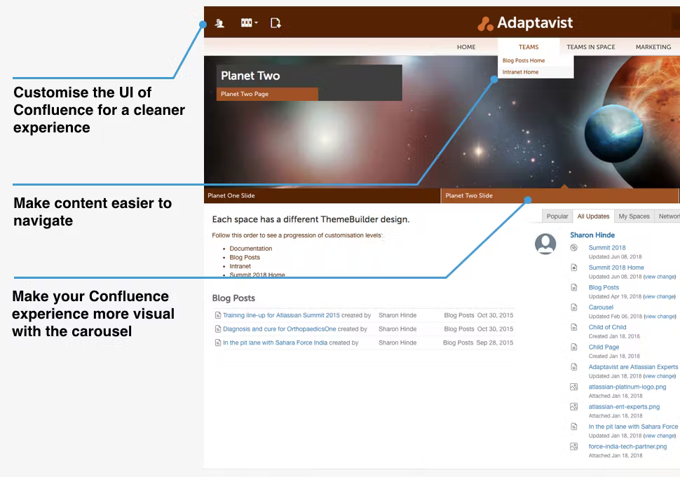 A screenshot of a custom-theme Confluence Data Center instance using ThemeBuilder