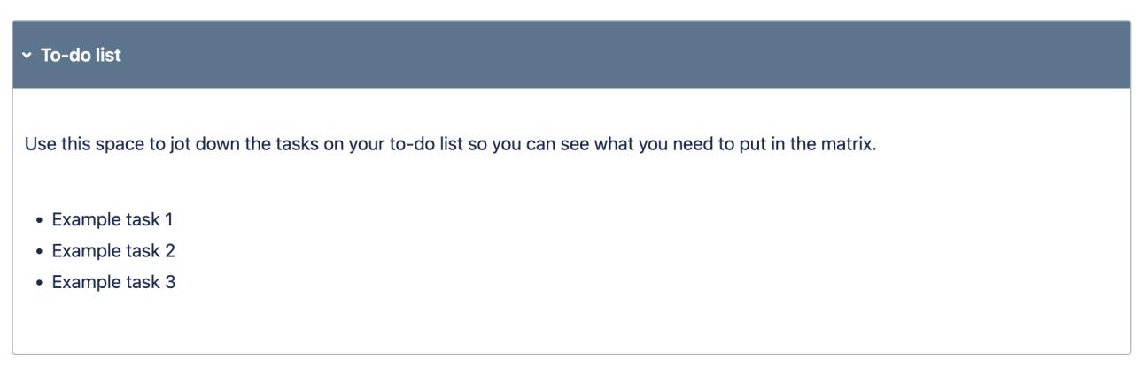 A screenshot of an Advanced Expand macro containing a to-do list in the prioritisation matrix example page.