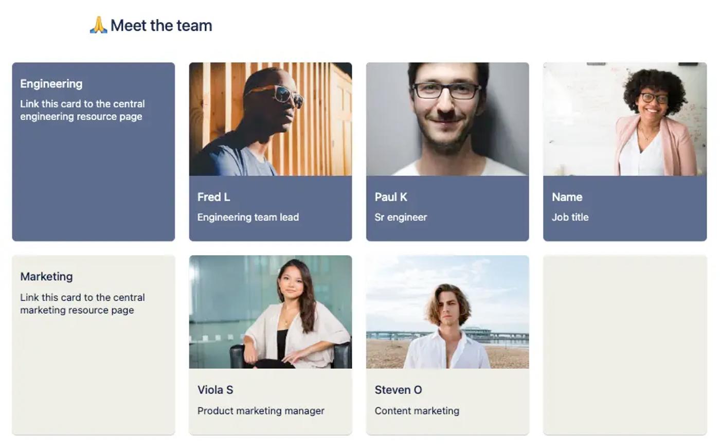 Two rows of Cards displaying team members on a Confluence team homepage