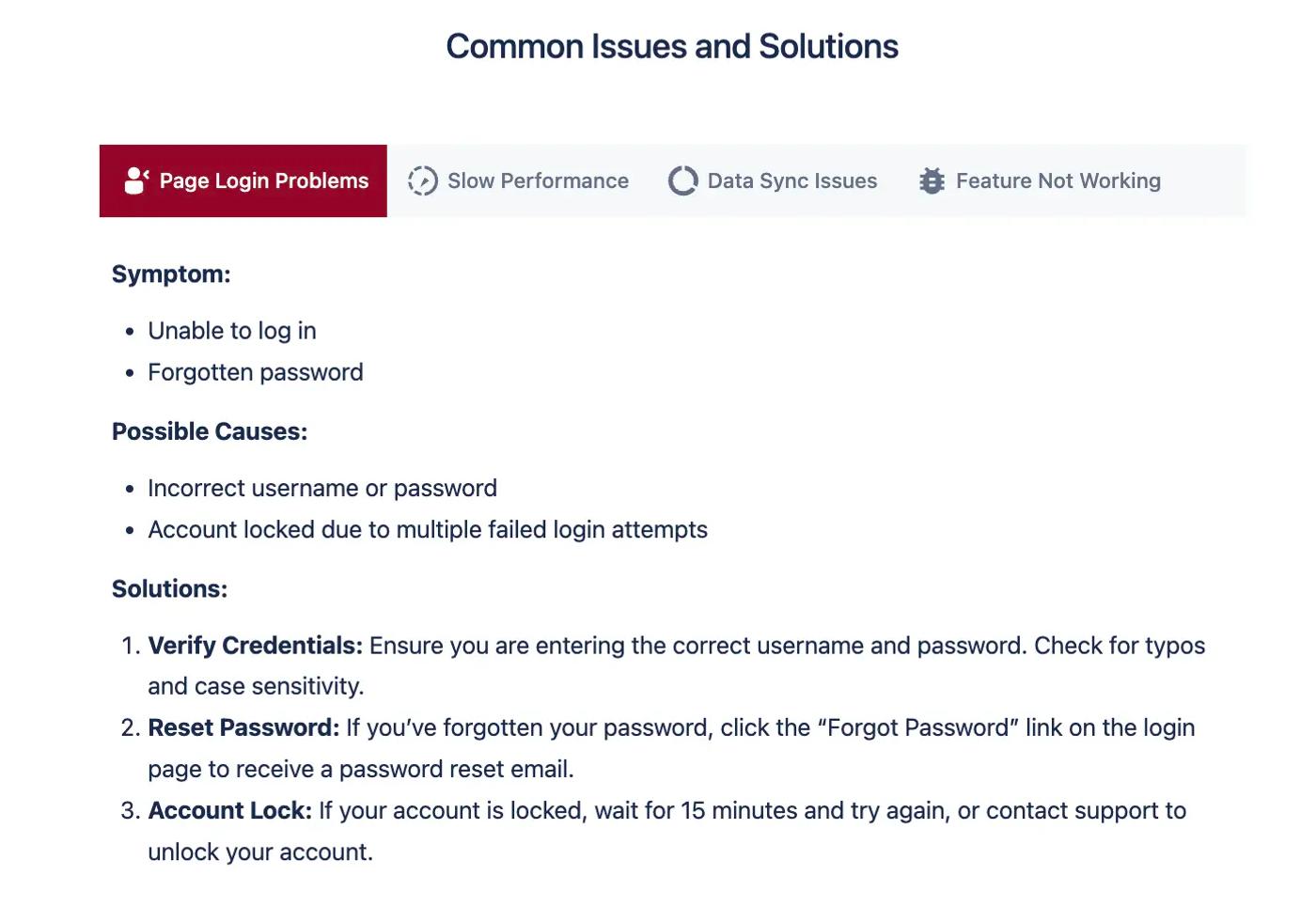 Tabs separating solutions by the type of issue on a Confluence troubleshooting page