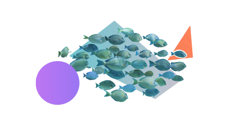 A school of fish all swimming in the same direction on a stylised background