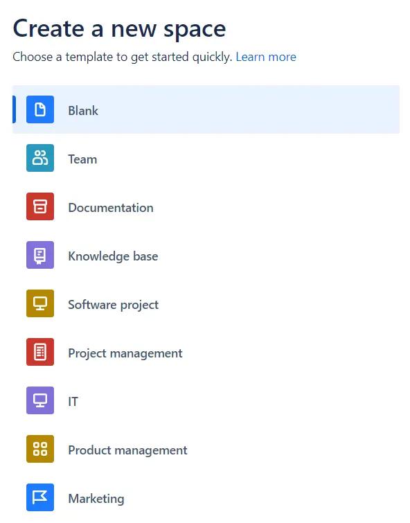 A dropdown menu showing space templates available in Confluence