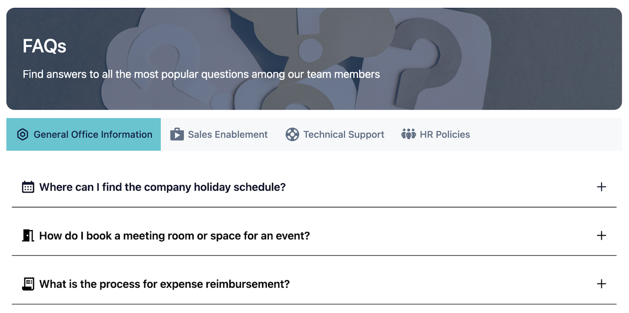 Tabbed company FAQs with collapsible sections for each specific question