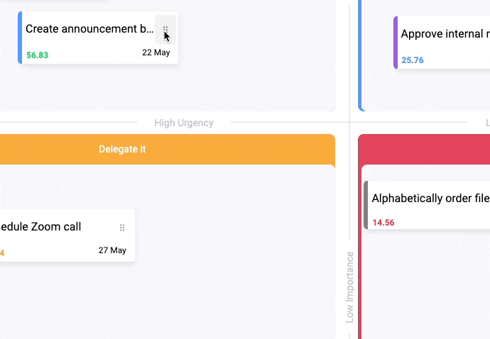 A gif showing a monday.com item being moved to different quadrants on a priority matrix