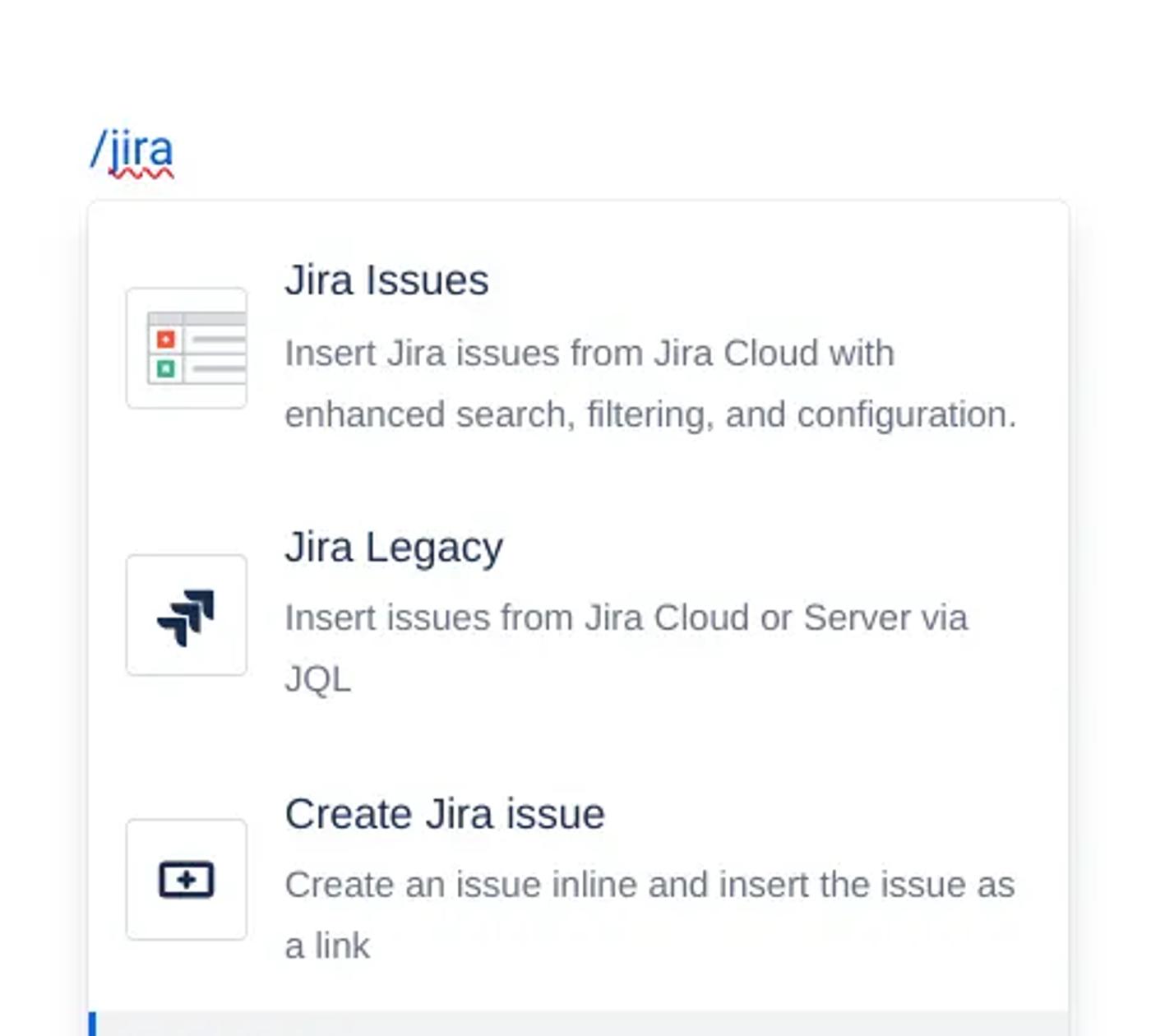 A screenshot of the Jira shortcut and the 'Create Jira issue' macro in Confluence